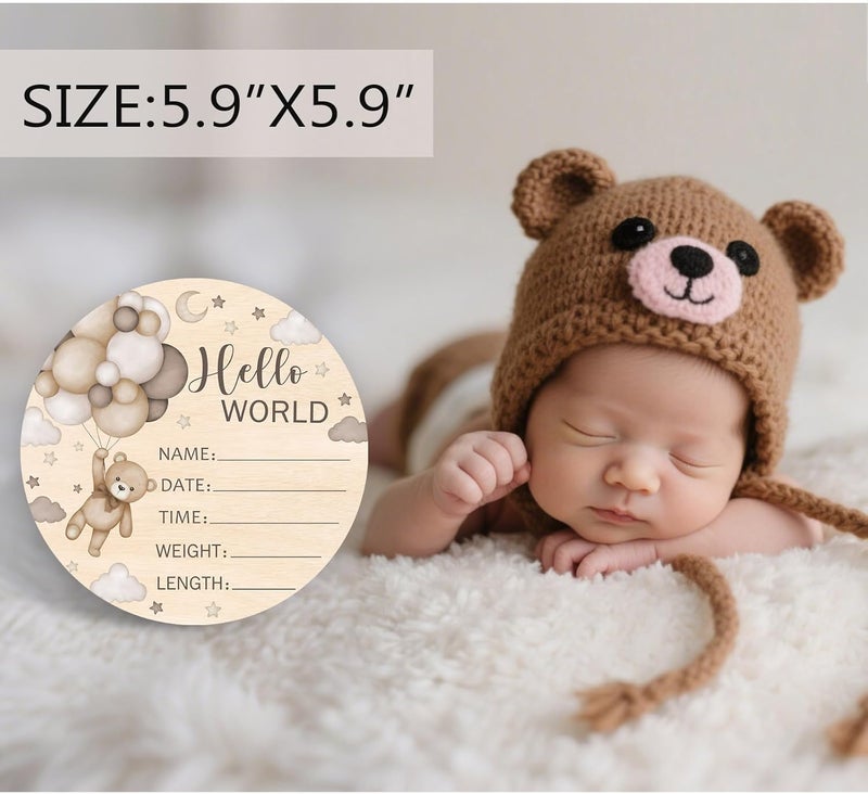 Andrain Double-Sided Wooden Newborn Birth Sign, Brown Bear Baby Announcement Sign, Bear Hello World Name for Hospital, Gift for New Mom Baby Shower, Photography Prop - Image 3